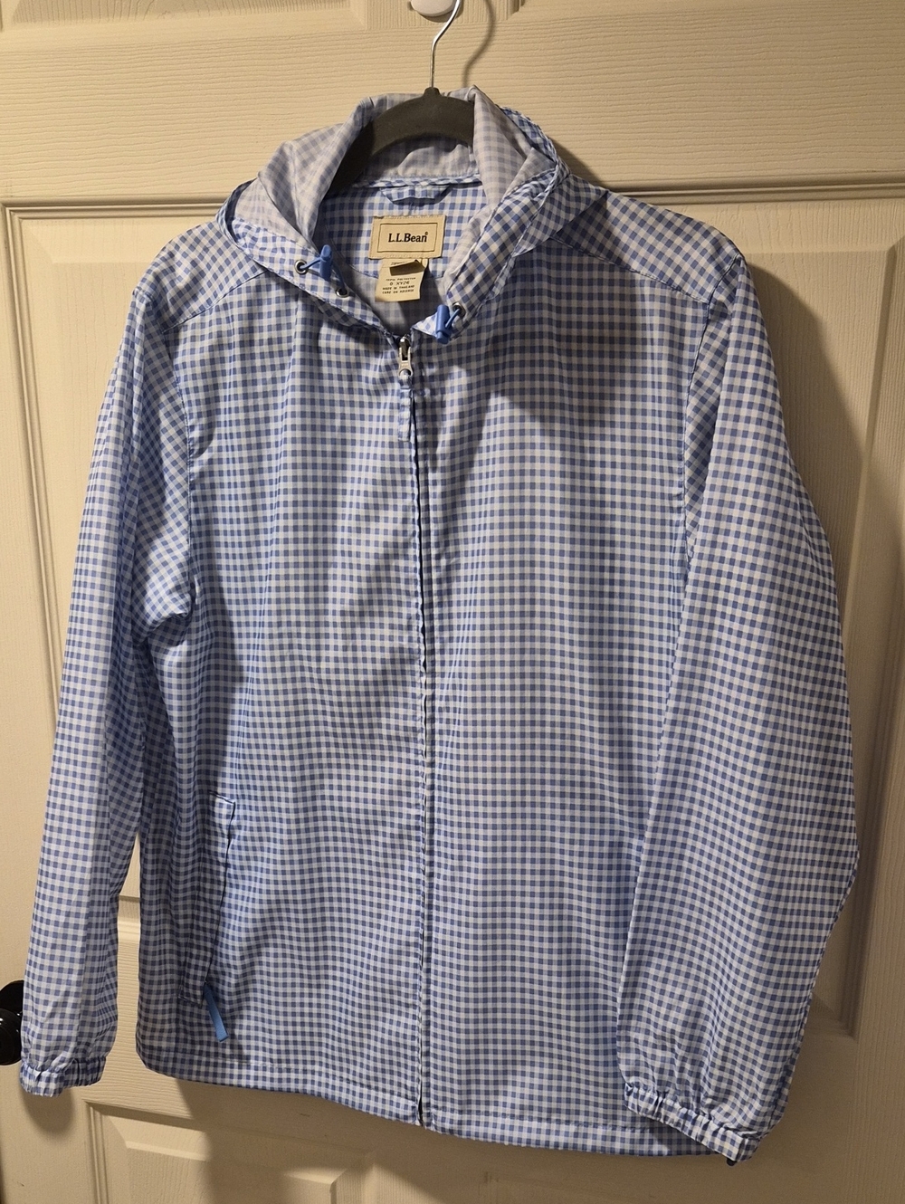 L.L. Bean Light Blue Gingham Windbreaker Hooded Jacket